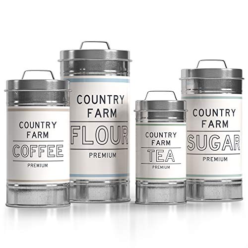 Barnyard Designs - Juego de 4 botes decorativos de cocina con tapas de metal galvanizado, estilo rústico vintage, decoración de campo, para almacenamiento de azúcar, café o té (tamaño grande)