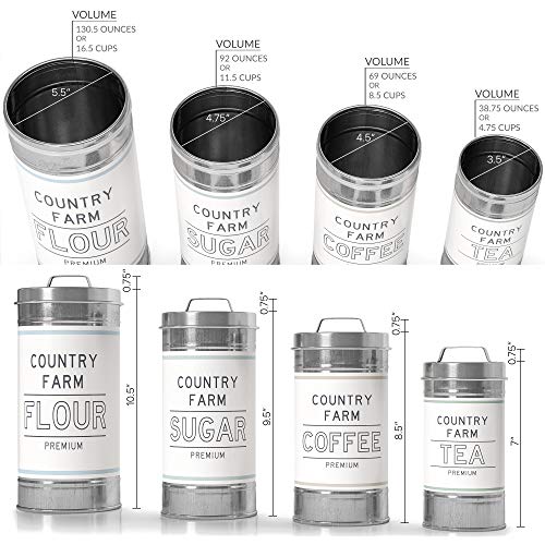 Barnyard Designs - Juego de 4 botes decorativos de cocina con tapas de metal galvanizado, estilo rústico vintage, decoración de campo, para almacenamiento de azúcar, café o té (tamaño grande)