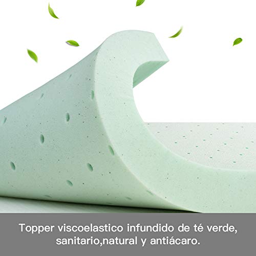 BedStory [Infusión de Té Verde Natural Topper Colchón 135x190x5cm con Infusión de Té Verde Natural, Anti-ácaros y Transpirable, Sobrecolchón Viscoelastico con Cubierta Desmontable y Lavable