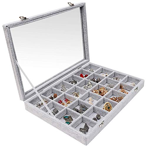BELLE VOUS Joyero Grande - Organizador de Joyas Gris con 24 Secciones (35,5 x 24,1x 4,7cm) Organizador Anillos y Pendientes Gemelos, Colgantes- Forro Terciopelo, Tapa Vidrio