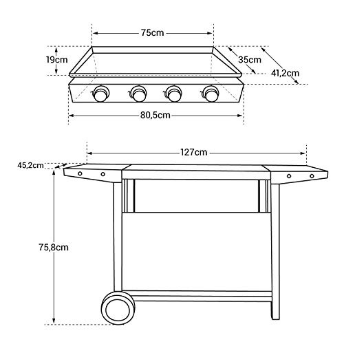 Beneffito Cooker - Plancha de Gas Acero Inoxidable con Carro - 4 Quemadores de Acero Aluminizado - 8 kW de Potencia - Cocción Sana y Sabrosa