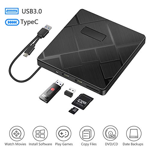 BEVA Grabadora CD/DVD Externa, USB 3.0 & Tipo c Unidades CD DVD Externa, Lector DVD Compatible con Tarjetas SD/TF, Lector CD Externa Portátil para Windows 7/8/10/XP/Vista, Linux, Mac OS
