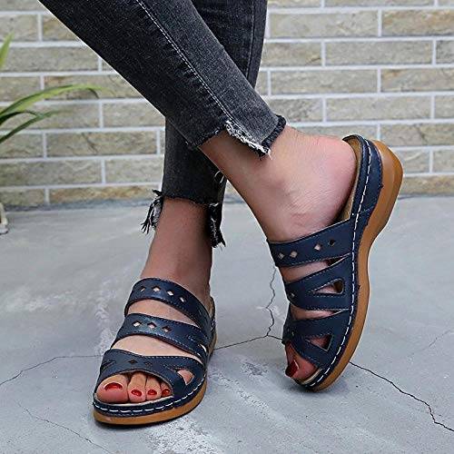 B/H Zapatillas de Casa Verano Adulto Unisex,Sandalias de Gran tamaño, una Palabra de Ocio, bizcocho Hueco Inferior Azul Oscuro_37