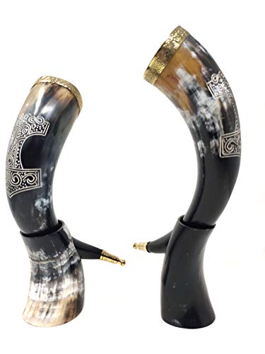 Bhartiya Handicrafts - Taza para cerveza, Mead, Ale, cerámica de inspiración medieval para alimentos, diseño de cuerno de juego de tronos con soporte (martillo de Thor, 30 cm)