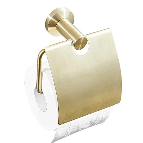 BigBig Home Sujetador de Papel de Baño Acero Inoxidable 304 con Acabado Dorado Cepillado Perforación, Colgador de Papel Tisú para Baño y Cocina Antióxido