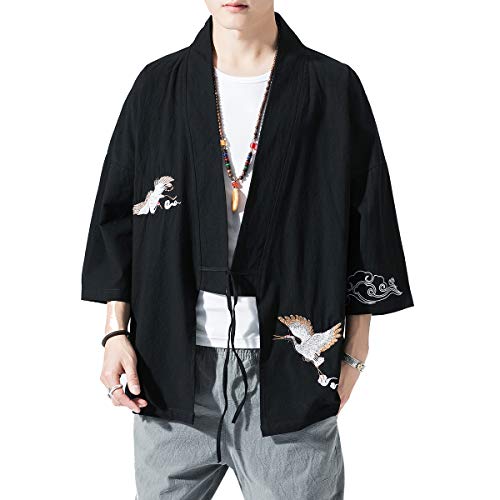 BLFGNCOB Kimono chaqueta bordada estilo japonés tres cuartos manga suelta Yukata Negro Black2 M