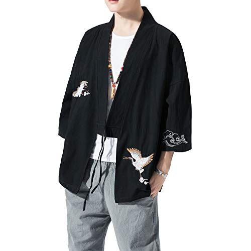 BLFGNCOB Kimono chaqueta bordada estilo japonés tres cuartos manga suelta Yukata Negro Black2 M