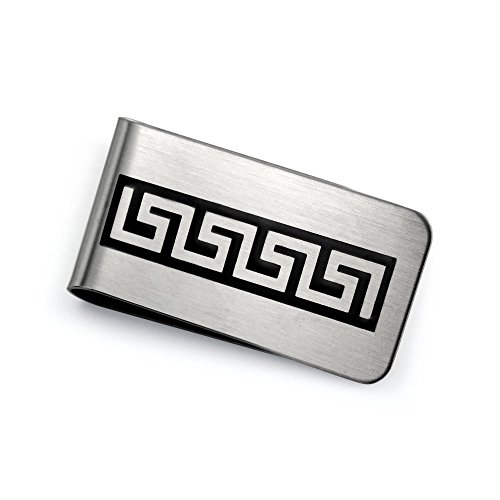 Bling Jewelry Tecla Griego Dinero Clip para Hombres Tarjetero Personalizado Inlay Esmalte Negro De Dos Tonos Acero Tono Plata