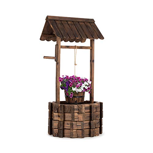 Blumfeldt Andernach - Fuente Decorativa, Ornamental Exterior, Fuente de jardín o terraza, Altura 118 cm, Aspecto rústico, Manivela, Cubo para Jardinera, Macetero, Madera marrón