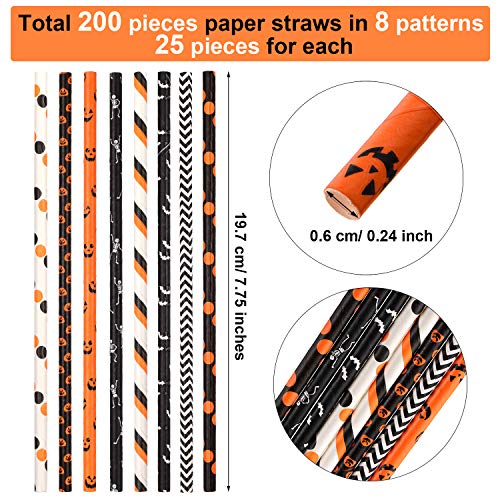 Boao 200 Piezas Paja de Halloween Paja de Calabaza Tela de araña Tela de Esqueleto Pajitas Paja de Beber de Papel de Color Naranja Negro para la Fiesta de Halloween Suministros (Color Set 1)