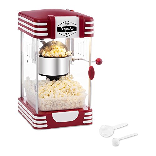 Bredeco BCPK-300-WR Palomitera Mini Máquina de Palomitas (300 W / 100 s, Porción de Maíz 57 g, Revestimiento de Téflon, Cuchara Dosificadora Multi Función incl., 28,5 x 32,5 x 46 cm) Roja Diseño Retro