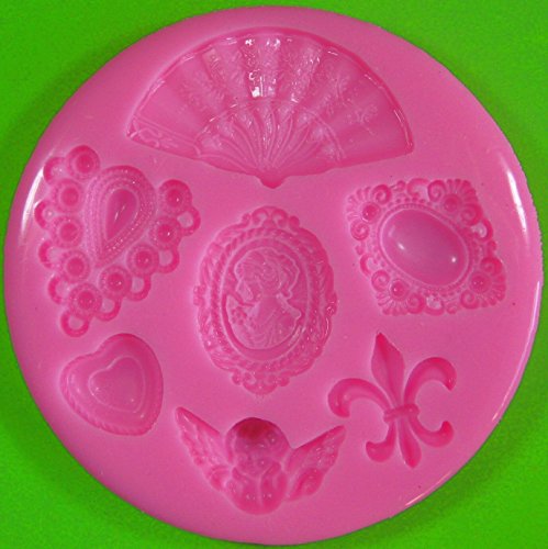 Broche de camafeo del Victorian del vintage Fleur de Lys Cherub Molde de silicona para la torta de Decoración Pastel de Cupcake Toppers Glaseado Sugarcraft Tool por Fairie Blessings