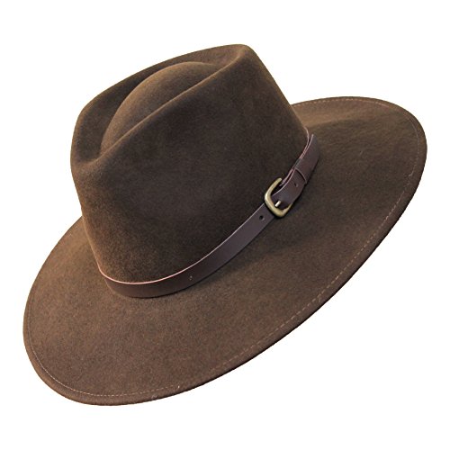B&S Premium Lewis - Sombrero de ala Ancha Fedora - 100% Fieltro de Lana - Resistente al Agua - Banda de Piel - Marron Oscuro 56cm