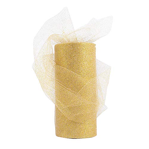 BUONDAC Rollo 22,5 Metro Cinta Tela Tul Tulle Dorado con Purpurina Ancho 15cm Decoración Hogar Boda Navidad Novia Fiesta Manualidades DIY Envolver Regalos Tutú Falda