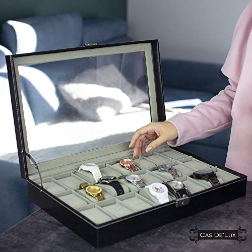 Caja/joyero organizadora de relojes y joyas con tapa de cristal enmarcada, costuras en contraste unisex