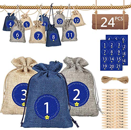 Calendario de Adviento para llenar Bolsa 24,Calendario de Adviento Navidad,Bolsa de Regalo Pequeña,Bolsas Pequeñas Navidad,Bolsitas de Tela Pequeñas, Bolsas de Yute para Rellenar con 1-24 Pegatinas