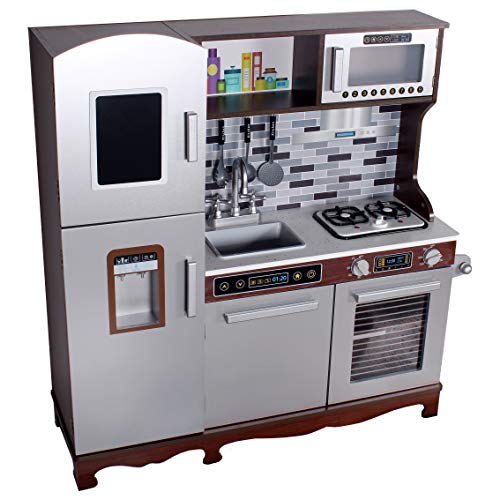 Calma Dragon Cocina de Madera TNWX-7734, Grande, Cocinita de Juguete Infantíl, con Dispensador, Microondas, Fregadero, Máquina de Hielo y 9 Accesorios