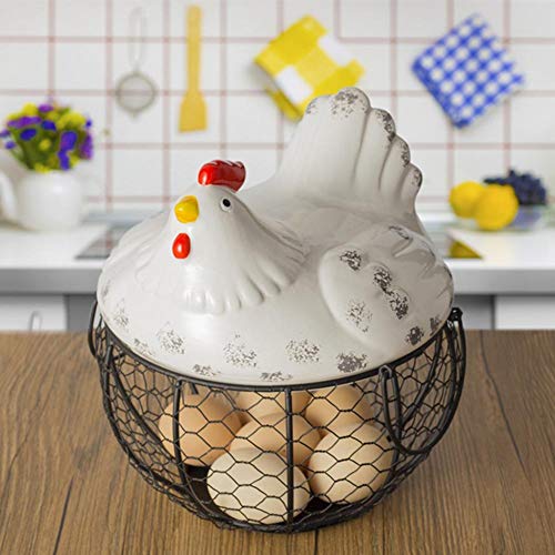 Canasta de almacenamiento de huevos estilo granja, Canasta de almacenamiento de huevos de diseño de pollo, Contenedor de huevo de alambre de metal negro multipropósito con cubierta de pollo de blanca