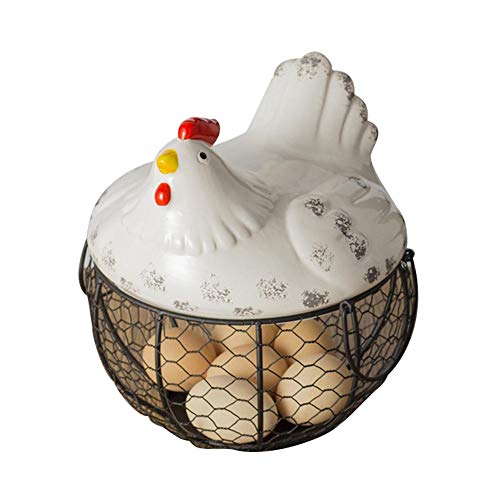 Canasta de almacenamiento de huevos estilo granja, Canasta de almacenamiento de huevos de diseño de pollo, Contenedor de huevo de alambre de metal negro multipropósito con cubierta de pollo de blanca