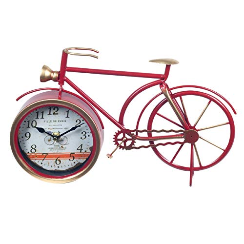 CAPRILO. Reloj de Mesa Decorativo Retro de Metal Bicicleta Roja. Adornos y Figuras. Vehículos. Decoración Hogar. Menaje. Muebles Auxiliares. Regalos Originales. 37 x 5 x 23 cm.