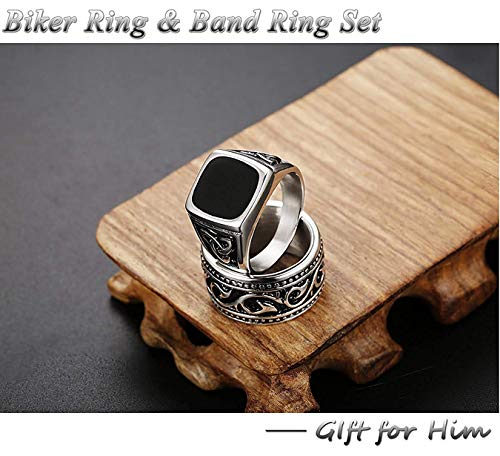 CASSIECA 4PCS Anillo de Acero Inoxidable para Hombres Mujeres Grandes Anchos Cuadrado Grabado Anillo Vintage Rock Gotico Anillos Joyeria