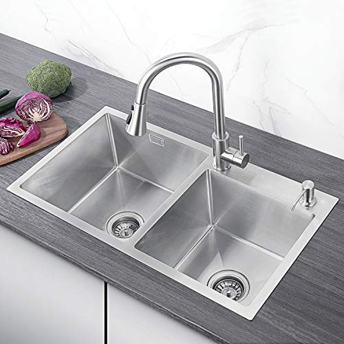 CECIPA Fregadero Cocina 2 Senos, 78x43x21cm Fregadero de Cocina con Dispensador de Jabón