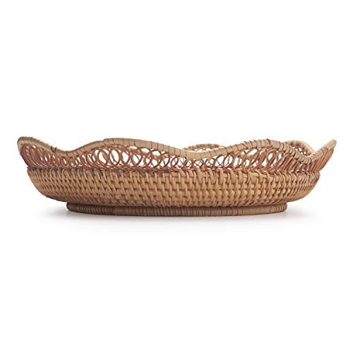 Cesta de Frutas de Ratán Natural Tejido Panera para Servir Comida, Galletas, Bocadillos (30cm Diámetro x 9cm Altura）