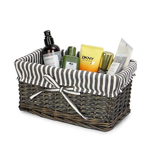 Cesta de mimbre gris | Forro a rayas incluido | Baño, hogar y lavandería | Organizador de madera | Cesto decorativo y canastilla | M&W (pequeño)