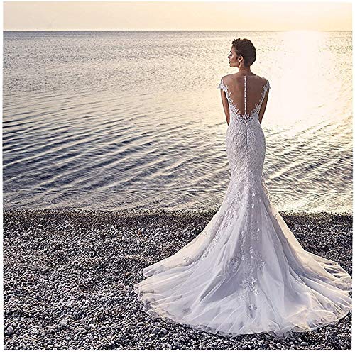 CGown Vestido de novia de encaje con apliques de sirena para mujer 2020 con tren sin mangas Ilusión playa vestido de novia