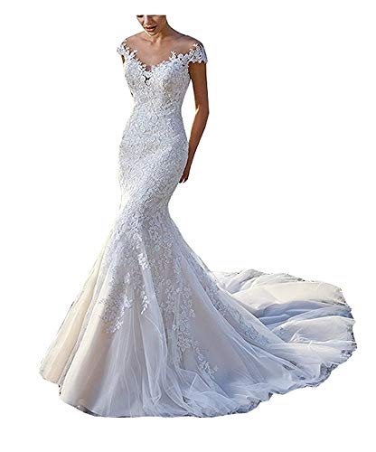 CGown Vestido de novia de encaje con apliques de sirena para mujer 2020 con tren sin mangas Ilusión playa vestido de novia