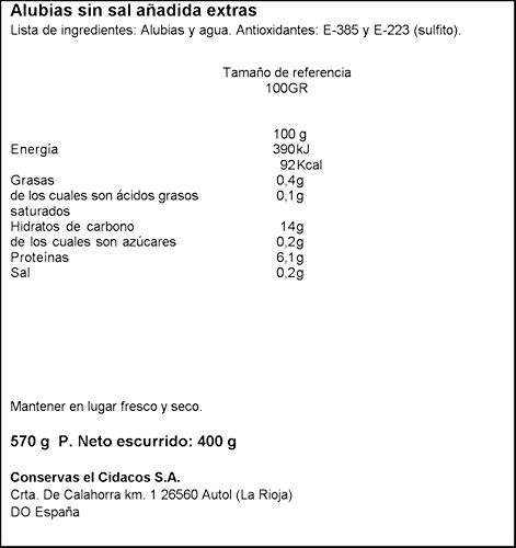 Cidacos alubia sin sal añadida tarro 570 gr. extra