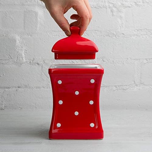 City to Cottage® Rojo y Blanco | Lunares | Pintado a mano | Grandes tarros de cerámica de cocina de 900 ml con tapa | Recipientes para alimentos | Recipientes | Recipientes | Recipientes