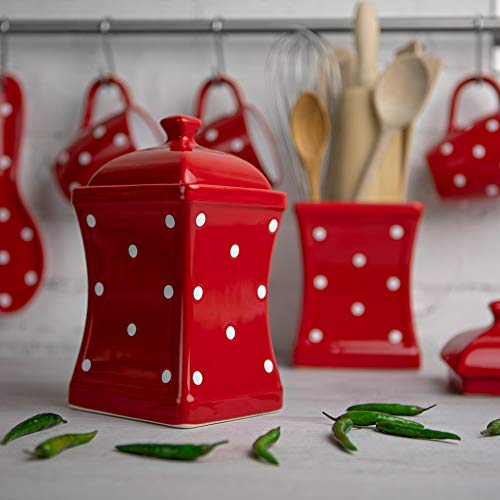 City to Cottage® Rojo y Blanco | Lunares | Pintado a mano | Grandes tarros de cerámica de cocina de 900 ml con tapa | Recipientes para alimentos | Recipientes | Recipientes | Recipientes