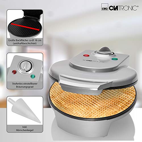 Clatronic HA 3494 - Barquillera máquina de barquillos Y cucuruchos de helados, 1200 W, color plata