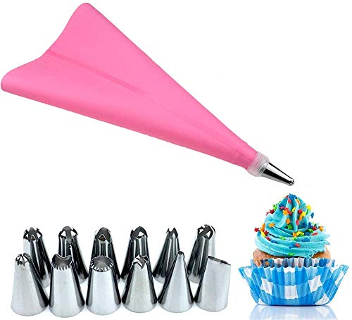CLTech, bolsa de tubo de silicona y 12 boquillas de acero inoxidable y convertidor de máquina de hielo, puntas de repostería para decoración de pasteles, 14 piezas/juego (rosa), calidad alimentaria, s