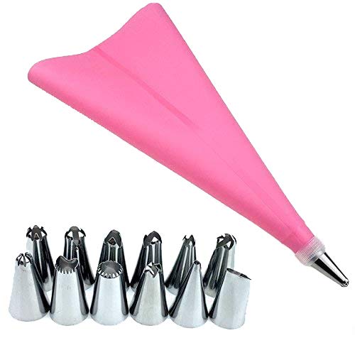 CLTech, bolsa de tubo de silicona y 12 boquillas de acero inoxidable y convertidor de máquina de hielo, puntas de repostería para decoración de pasteles, 14 piezas/juego (rosa), calidad alimentaria, s