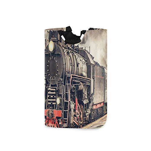 COFEIYISI Cesto para la Colada,Motor de Vapor Industrial Vintage Antiguo Antiguo Locomotora en ferrocarril con Humo Retro Tren sta,Plegable Cestas Bolsas Almacenamiento