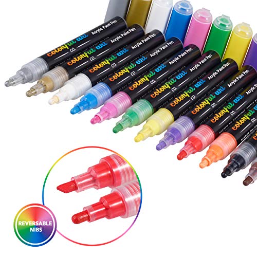 Colorful Art Co Rotuladores para pintar de pintura acrílica - Kit de pintar Piedras Rocas Vidrio Cerámica Porcelana - Colores permanentes a base agua - Punta reversible redonda y biselada de 3-5 mm