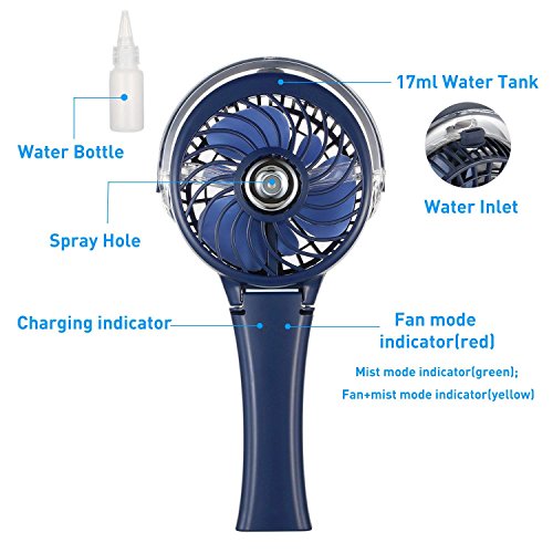 COMLIFE Mini Ventilador USB de Mano Plegable para Escritorio con Batería Recargable con Humidificador y Luz Colorida Potente y Silencioso (Azul)