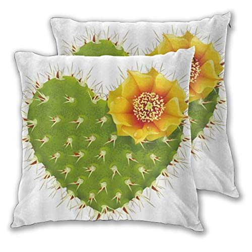 CONICIXI Cactus Verde Tropical con Pinchos Cactus en Forma de corazón con Flor Amarilla Funda de Almohada de Microfibra, patrón 3D Multicolor Opcional, Dos Paquetes, sin Almohada