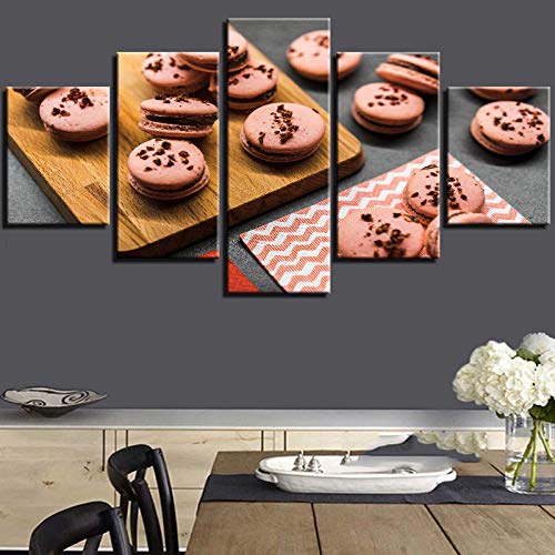 Cuadro de decoración del hogar Mural Restaurante Cocina Póster Rosa Macarons Imagen de postre 5 piezas Comida y bebida Lienzo impreso en HD Rkmaster