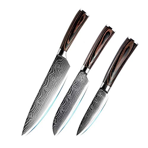 Cuchillos cocina juego Cuchillo de la fruta de la carne de 3PCs japonesa cuchillos del cocinero láser Damasco patrón de acero inoxidable 440C Cleaver rebanar Santoku (Color : 3pcs)
