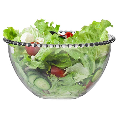 Cuenco grande de cristal con borde de cuentas – Úselo como ensaladera, cuenco de mezcla, cuenco de fruta o cuenco decorativo – 11 x 20 cm de alto x apto para lavavajillas y microondas.