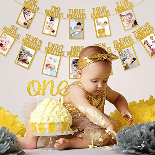 Cumpleaños Foto Banner, Primer banner de fotos de cumpleaños 1 año, 12 meses fotografía mensual Guirnalda del empavesado, ONE banner, ONE adorno de pastel para Decoración de primer cumpleaños-Oro