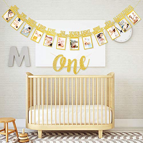 Cumpleaños Foto Banner, Primer banner de fotos de cumpleaños 1 año, 12 meses fotografía mensual Guirnalda del empavesado, ONE banner, ONE adorno de pastel para Decoración de primer cumpleaños-Oro