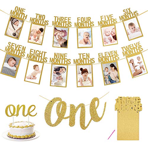 Cumpleaños Foto Banner, Primer banner de fotos de cumpleaños 1 año, 12 meses fotografía mensual Guirnalda del empavesado, ONE banner, ONE adorno de pastel para Decoración de primer cumpleaños-Oro
