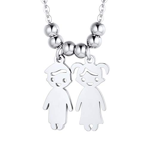 Custom4U Figura Dos Niños Collar Moderno Acero Inoxidable 316L Colgante Romántico de Cumpleaños de Madre Collar Personales de Bebés Plateado