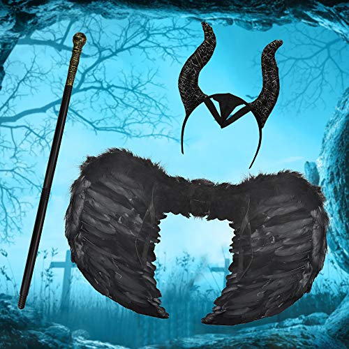 DECARETA Alas de Plumas Negras Disfraz de ala Negra, Cetro Real, Sombrero de Cuerno de Maléfica Ideal para para Halloween y Carnaval, Negro