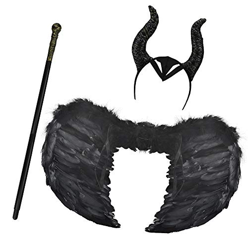 DECARETA Alas de Plumas Negras Disfraz de ala Negra, Cetro Real, Sombrero de Cuerno de Maléfica Ideal para para Halloween y Carnaval, Negro