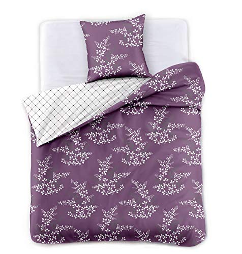 DecoKing Premium Ropa de Cama 140x200 cm 1 Funda de la Almohada 70x90 cm Funda Nórdica Microfibra Flor Planta Violeta Morado Lila Ciruela Blanco Calluna Hypnosis Collection